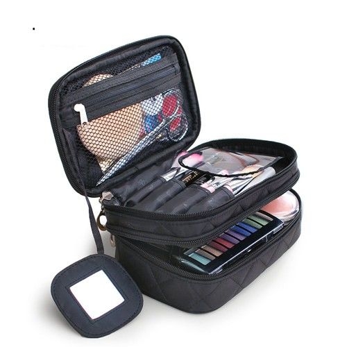 Portable Women Double Layer Travel Cosmetic Bags With Mirror